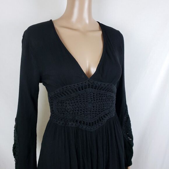 Volcom Babydoll Dress Womens M Black Gauze Y2K Beach Crochet Flowy Deep V - Picture 12 of 12